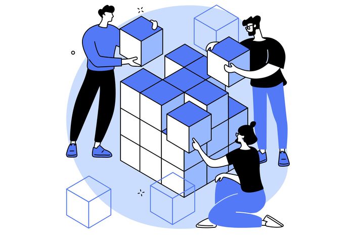 Illustration of people organizing blocks. 
