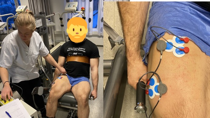 A researcher conducts studies on a mans thigh.