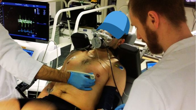 Here, using Doppler ultrasound, we measure cardiac function during exercise with increasing intensity on a recumbent cycle ergometer. The Doppler ultrasound enables examination of heart rate, ventricular volumes and function during work.