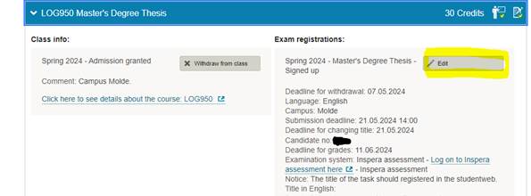 Screenshot from Studentweb.