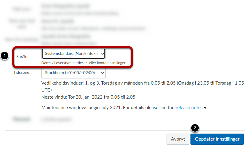Meny option Language (Spraak) - Oppdater Innstillinger