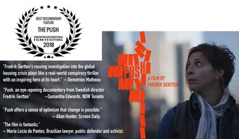 Filmplakat for dokuentaren PUSH, med rosende kritikk og filmprisloger.