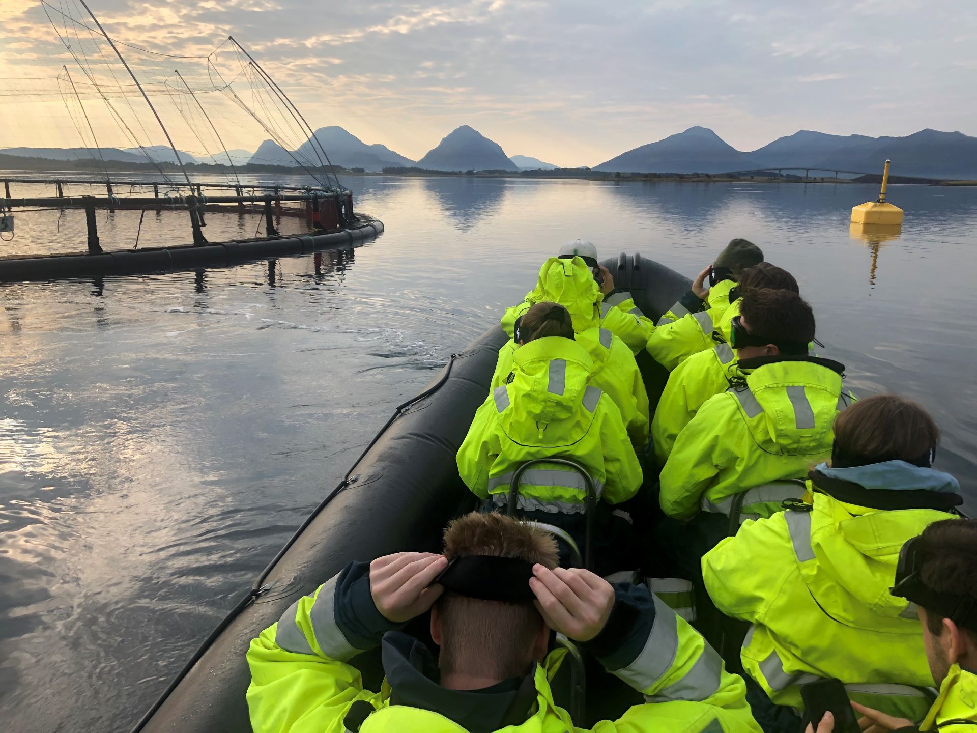 Fiskeoppdrettsanlegg. En båt med mennesker nærmer seg merdekanten. 