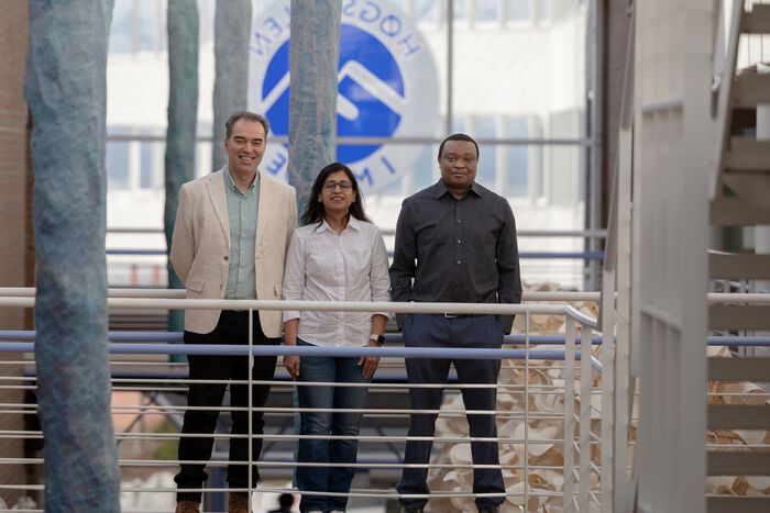 Professors Paulo Cesar Ribas, Swati Aggarwal and Andrew Musau gathered at an indoor bridge Molde University College.
