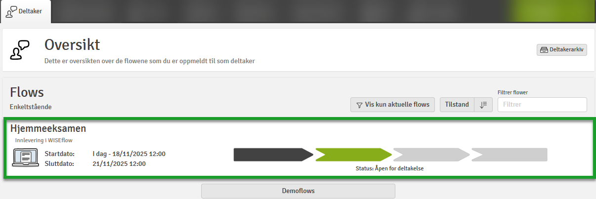 Oversiktsbilde i WISEflow over tidslinjen i en flow.