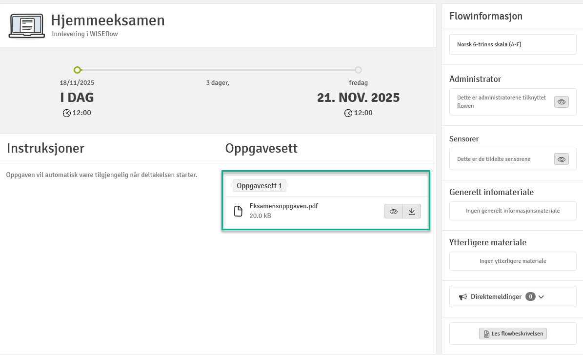 oversikt over informasjonen du får i en flow i WISEflow. 