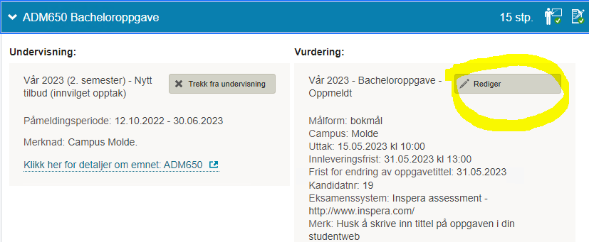 Visning av redigerknappen i Studentweb