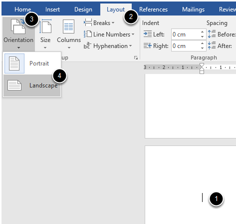 Fanen Layout, menyen Orientation og menyvalget Landscape. Skjermbilde.