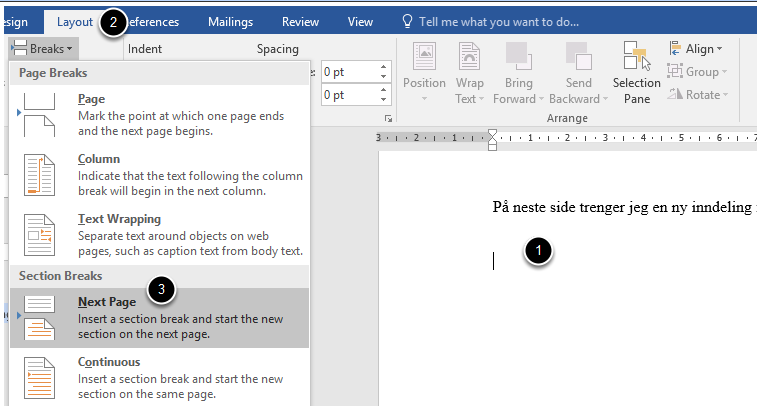 Fanen Layout, menyen Breaks og menyvalget Next page. Skjermbilde.