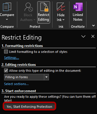 Skjermbilde som viser valg for å aktivere beskyttelse i menyen Restrict Editing