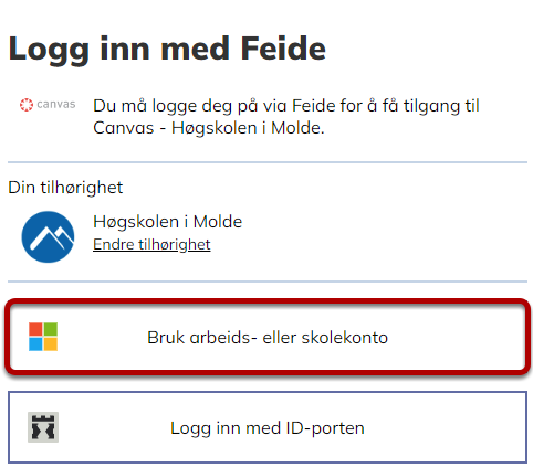 Canvas Feideinnlogging med valget "Bruk arbeids- eller skolekonto". Skjermbilde.