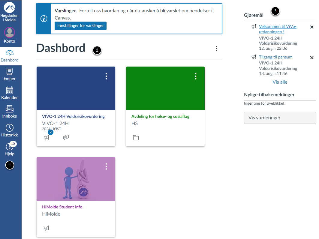 Canvas vinduet med globalmeny til venstre, Dashbord og høyre kolonne. Skjermbilde