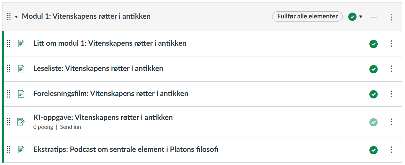 Elementene i modul 1. Skjermbilde.