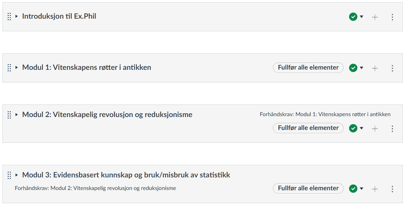 Eksempel på fire moduler bygd som læringssti. Skjermbilde.