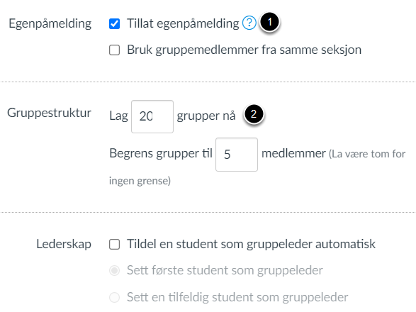 Hak av foran Tillat egenpåmelding og angi antall grupper