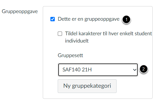 Hak av for at dette er en gruppeoppgave og velg gruppesett