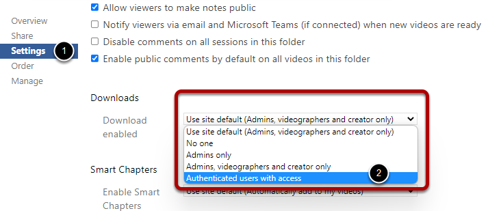 Menyvalg for å tillate nedlasting (Settings - Downloads - Authenticated users with access)
