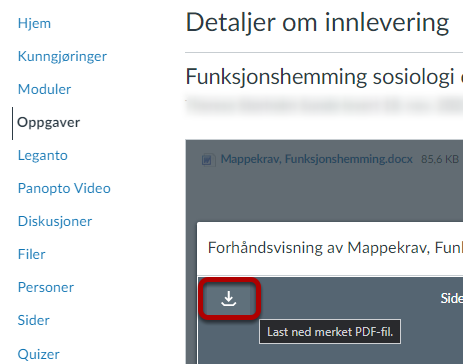 Skjermbilde som viser ikon for å laste ned kommentert versjon