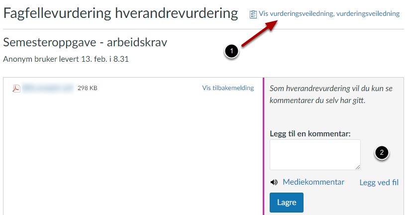 Gjennomføre hverandrevurdering med vurderingsveiledning eller skrive kommentar. Skjermbilde.