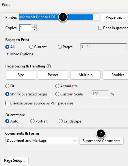 Skjermbilde som viser valg for å skrive ut en kommentert versjon av dokumentet til PDF