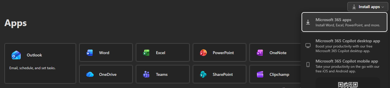 Microsoft apps webpage with the button to install apps in the top-right corner. Screenshot.