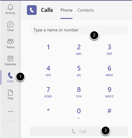 Bilde som viser 3 trinn for å ringe; Calls - Skriv navn eller nummer - Call