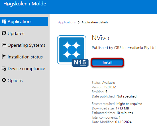 An example, illustrated with the NVivo software, showing the Install button. Screenshot.