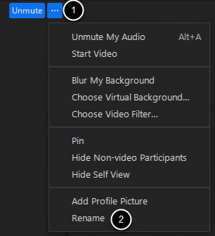 Picture shows the menu choice to change name in Zoom